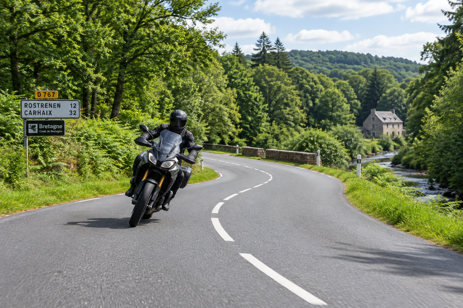 Motorcyclist riding through the scenic roads of Brittany, France