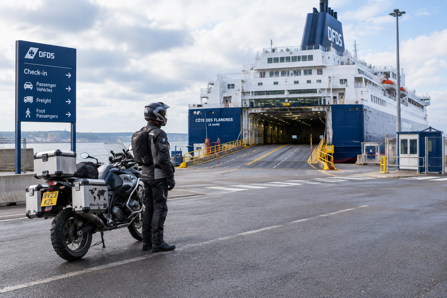 Motorcycle rider preparing to board a ferry from the UK to France